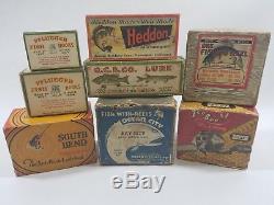 8 Old fishing reel and lure paper boxes / Heddon, Pflueger, Zebco & South Bend