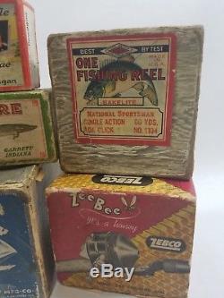 8 Old fishing reel and lure paper boxes / Heddon, Pflueger, Zebco & South Bend