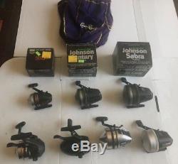 Lot of 7 Vintage Fishing Reels Zebco + Johnson VGC 6 WITH LINE, ALL WORK