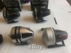 Lot of 7 Vintage Fishing Reels Zebco + Johnson VGC 6 WITH LINE, ALL WORK