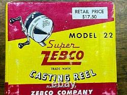 NOS SUPER ZEBCO Casting Fishing Reel / Model 22 / NEW in Original Box w papers