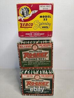 Three, In Box 1950's Fishing Reels 1 Zebco & 2 Pflueger Rockets