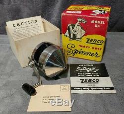 Vintage 1955-1963 Zebco 55 Heavy Duty Spinner Reel + Box + Manual Rare USA