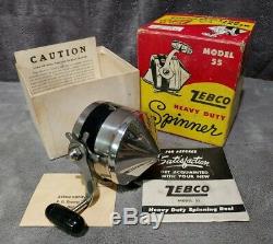 Vintage 1955-1963 Zebco 55 Heavy Duty Spinner Reel + Box + Manual Rare USA