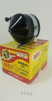 Vintage 1955 Zebco 33 1st Edition Mylar Plastic Head Black Reel W Box And Papers