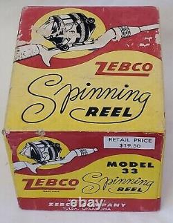 Vtg NOS 1950s Zebco Spinner Model 33 Black withMetal Gears, Original Box, & Papers