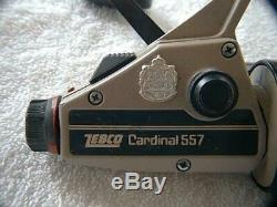 Zebco Cardinal 557 never used or lined. Ser. # 811202, vintage displayed on rod