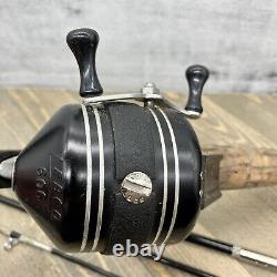 Kit de pêche Vintage Zebco Modèle 3304 4 pièces avec moulinet 606, étui en cuir inutilisé, fabriqué aux USA.