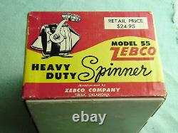 Modèle vintage Zebco Model 55 Heavy Duty Spinner dans sa boîte d'origine / manuel / papiers d'entretien
