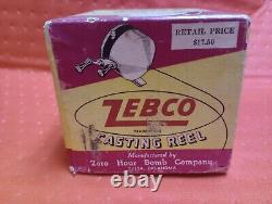 Société de bombes à compte à rebours Vintage Zero Hour Zebco Fishing Reel avec boîte. Casquette rouge