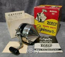 Vintage 1955-1963 Zebco 55 Heavy Duty Spinner Reel + Box + Manuel Rare USA