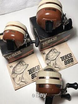 Vintage Zebco (888, 808, 802) Reel, Métal Pied! Fabriqué Aux États-unis! 3 Grands Reels