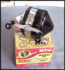Vintage Zebco Modèle 33 Spinner Reel Noir Avec Pied Métallique 1 Rivet Avec Boîte 1950s États-unis