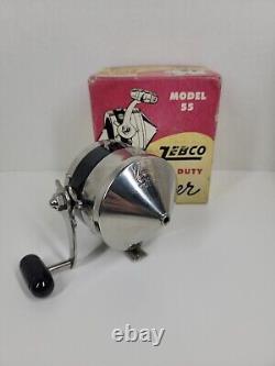 Vintage Zebco Spinner Modèle 55 Pêche Bait Casting Bobine Chrome Lourd Duty Rare