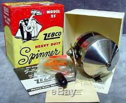 Vintage1958zebcomodel 55highy Duty Spinnerspincast Reel + Box + Manualusa Made