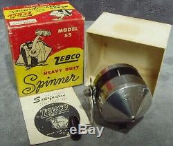 Vintage1958zebcomodel 55highy Duty Spinnerspincast Reel + Box + Manualusa Made