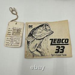 Zebco 33 Moulinet de pêche à bouton-poussoir Spincast, vintage, Tackle USA 1983, Boîte